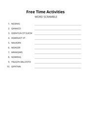 Free Time Activities word scramble puzzle