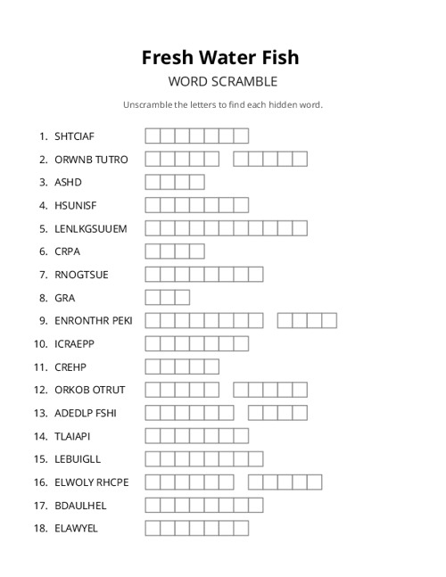 Fresh Water Fish Word Scramble Puzzle