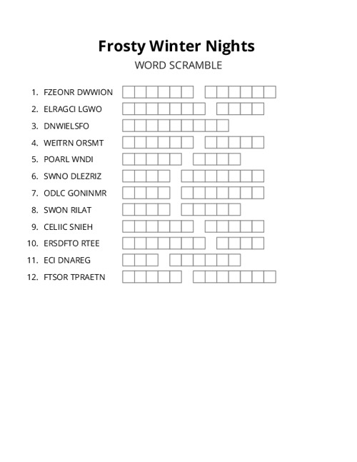 Frosty Winter Nights Word Scramble Puzzle
