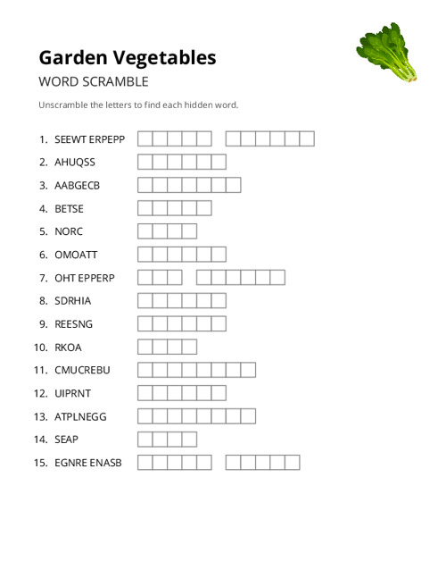 Garden Vegetables Word Scramble Puzzle