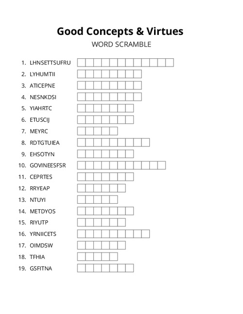 Good Concepts & Virtues Word Scramble Puzzle