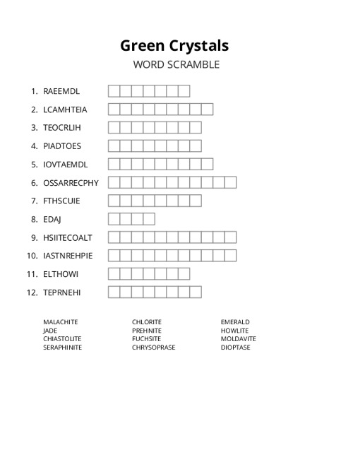 Green Crystals Word Scramble Puzzle