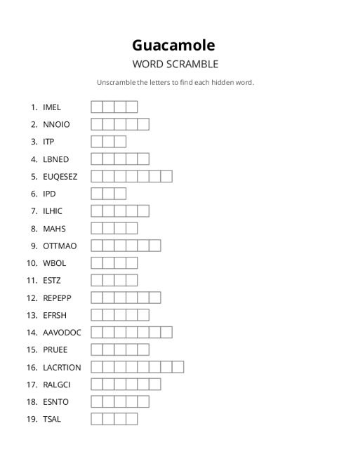 Guacamole Word Scramble Puzzle