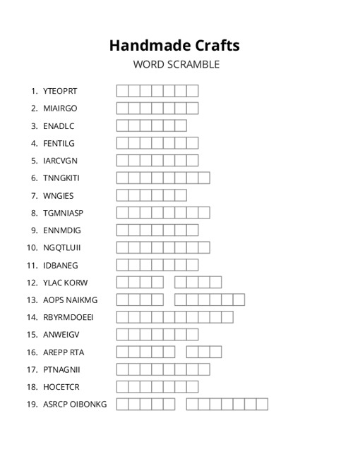 Handmade Crafts Word Scramble Puzzle
