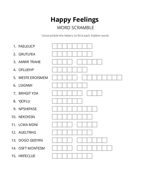 Happy Feelings Word Scramble Puzzle