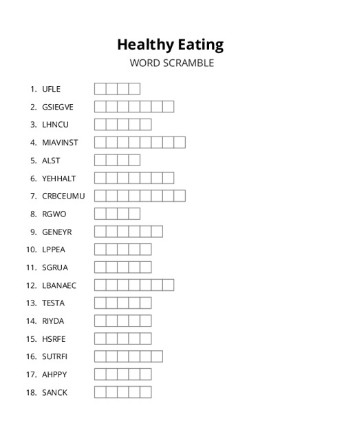 Healthy Eating Word Scramble Puzzle