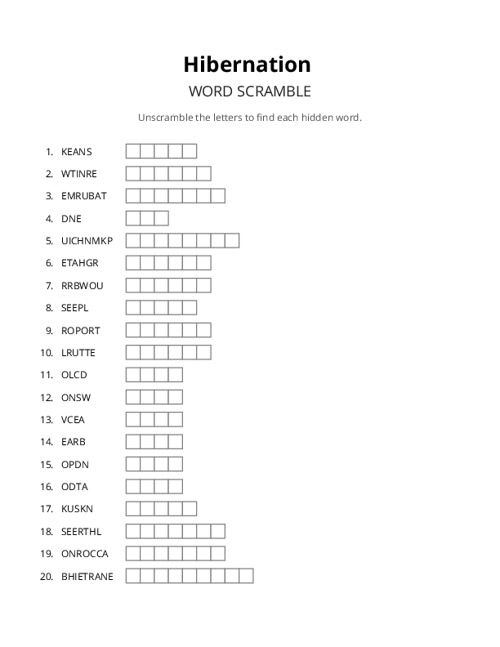 Hibernation Word Scramble Puzzle