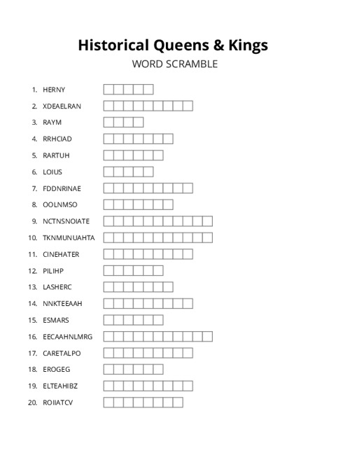 Historical Queens & Kings Word Scramble Puzzle