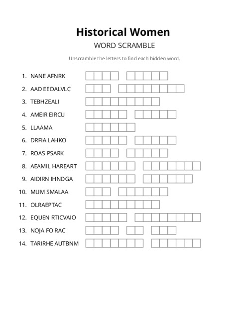 Historical Women Word Scramble Puzzle