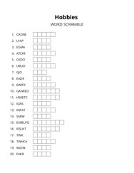 Hobbies word scramble puzzle