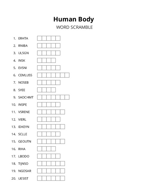 Human Body Word Scramble Puzzle
