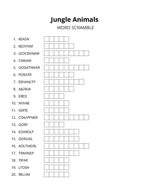 Jungle Animals Word Scramble Puzzle