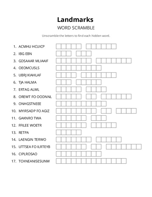 Landmarks Word Scramble Puzzle
