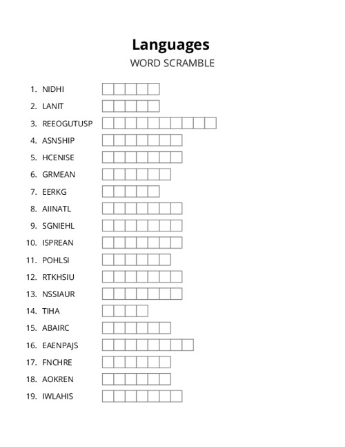 Languages Word Scramble Puzzle