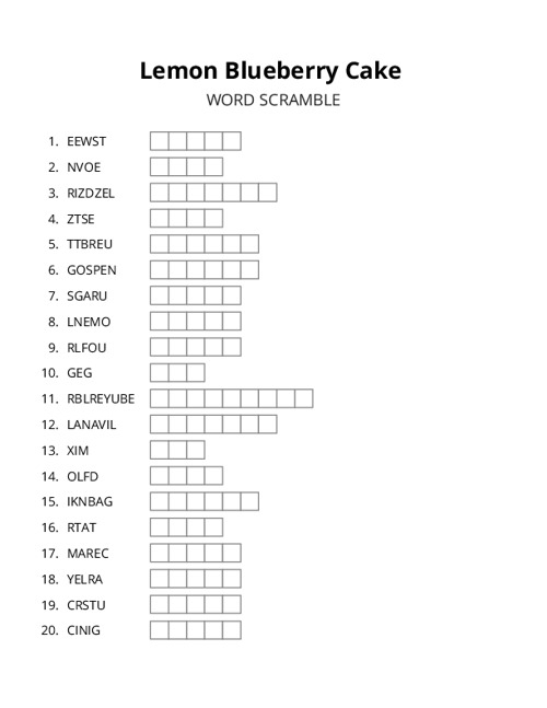 Lemon Blueberry Cake Word Scramble Puzzle