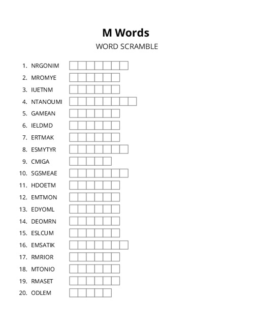 M Words Crossword Puzzle