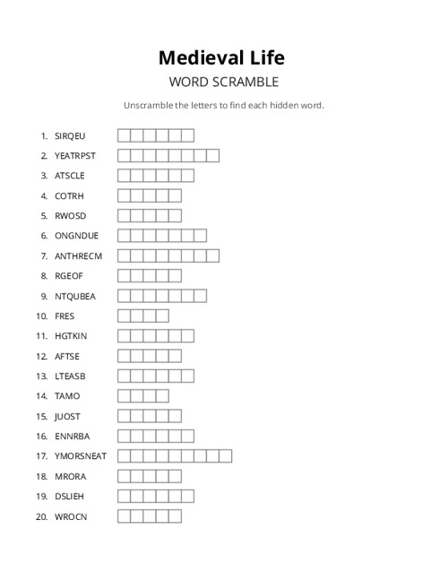 Medieval Life Word Scramble Puzzle