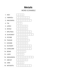 Metals word scramble puzzle