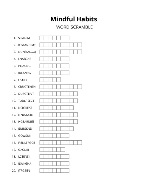 Mindful Habits Word Scramble Puzzle