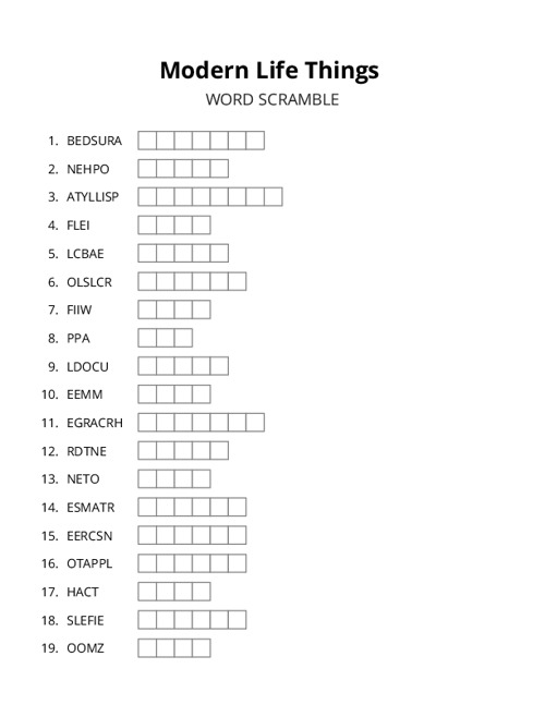 Modern Life Things Word Scramble Puzzle