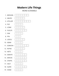 Modern Life Things word scramble puzzle