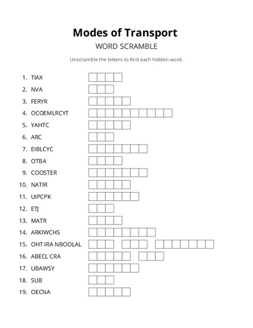 Modes of Transport Word Scramble Puzzle