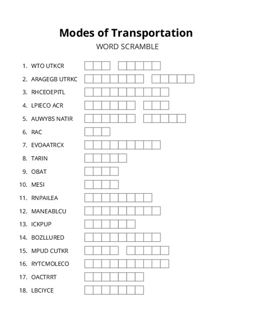 Modes of Transportation Word Scramble Puzzle