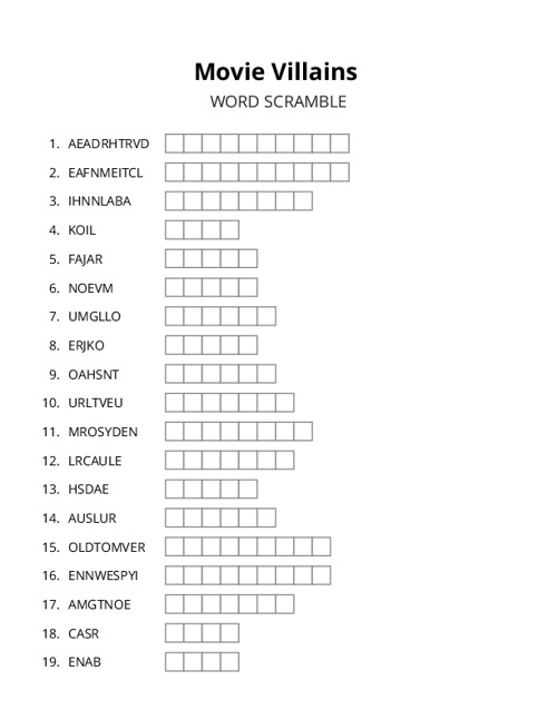 Movie Villains Word Scramble Puzzle