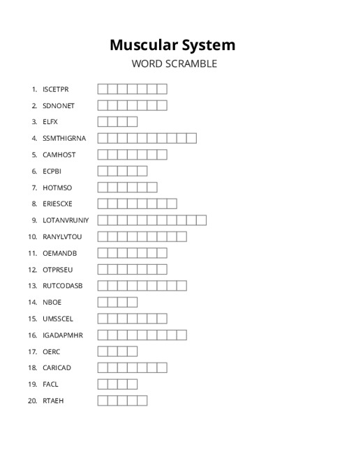 Muscular System Word Scramble Puzzle