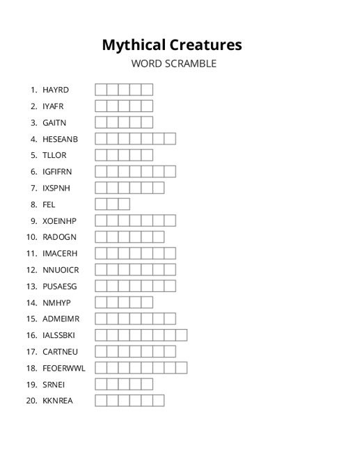 Mythical Creatures Crossword Puzzle
