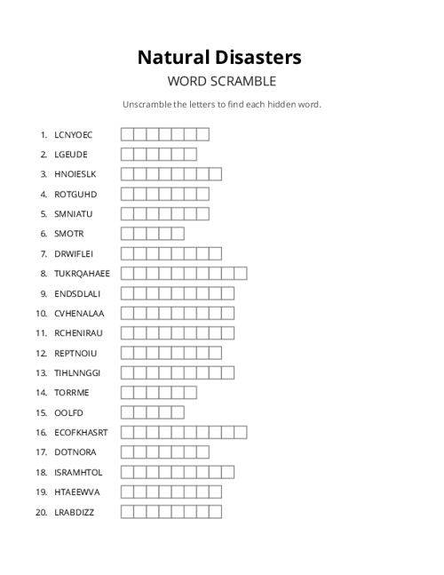 Natural Disasters Word Scramble Puzzle