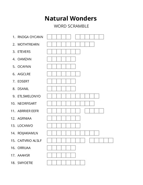 Natural Wonders Word Scramble Puzzle