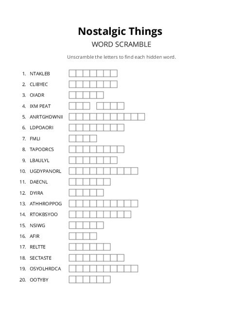 Nostalgic Things Word Scramble Puzzle