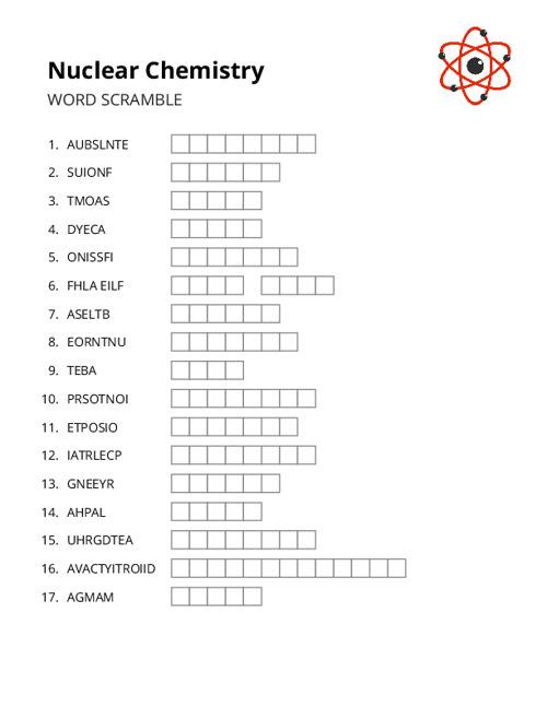 Nuclear Chemistry Word Scramble Puzzle