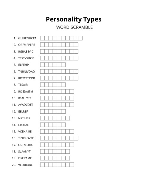 Personality Types Word Scramble Puzzle