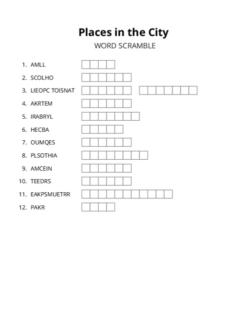 Places in the City Word Scramble Puzzle
