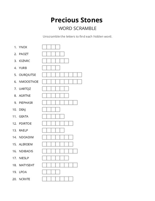 Precious Stones Word Scramble Puzzle