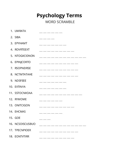 Psychology Terms Word Scramble Puzzle