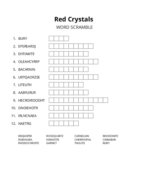 Red Crystals Word Scramble Puzzle