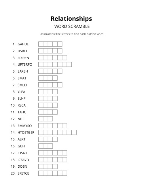 Relationships Word Scramble Puzzle