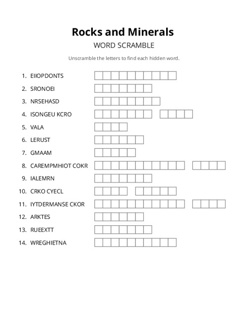 Rocks and Minerals Word Scramble Puzzle