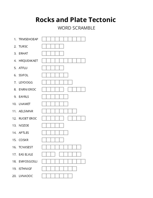 Rocks and Plate Tectonic Word Scramble Puzzle
