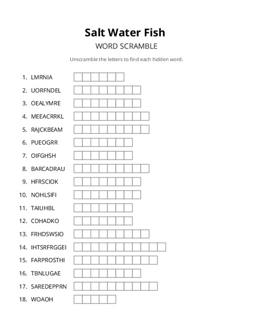 Salt Water Fish Word Scramble Puzzle