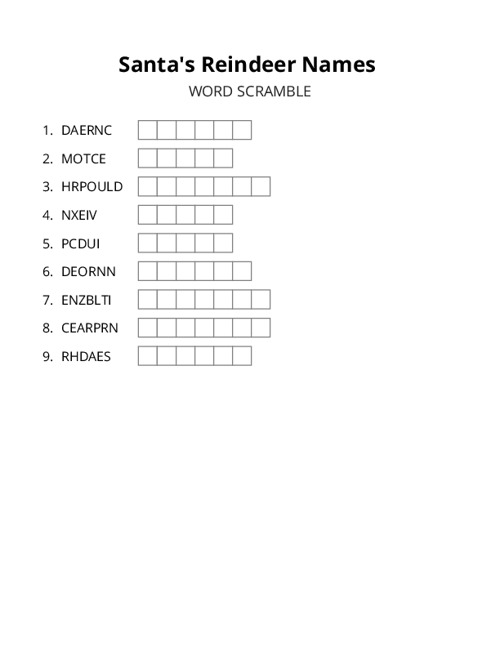 Santas Reindeer Names Word Scramble Puzzle
