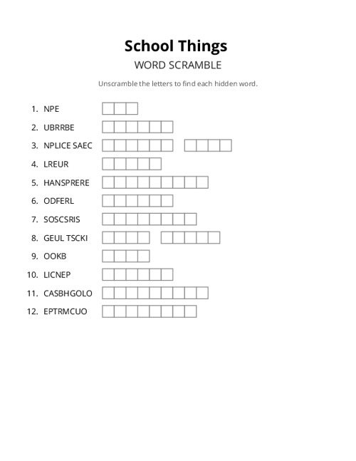 School Things Word Scramble Puzzle