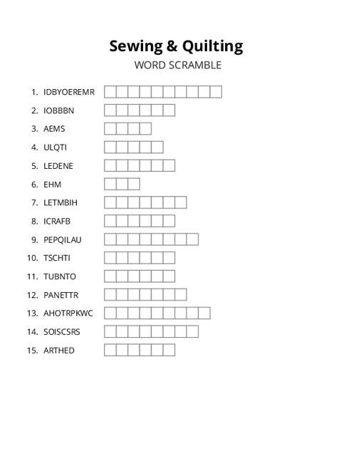 Sewing & Quilting Word Scramble Puzzle