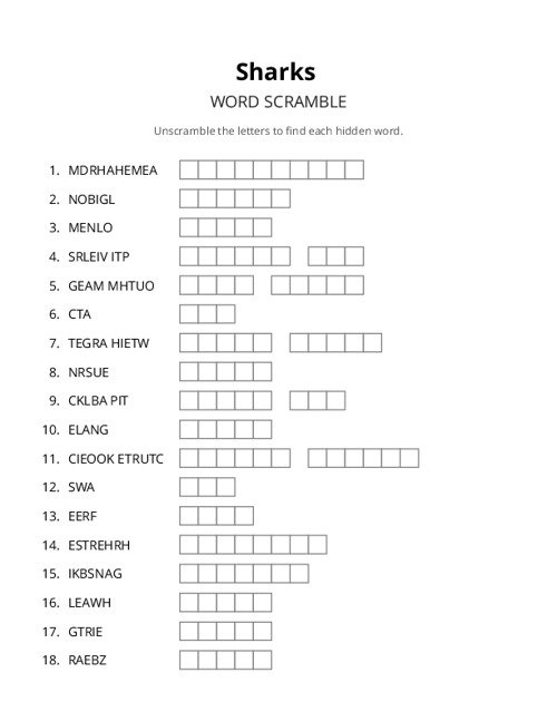 Sharks Word Scramble Puzzle