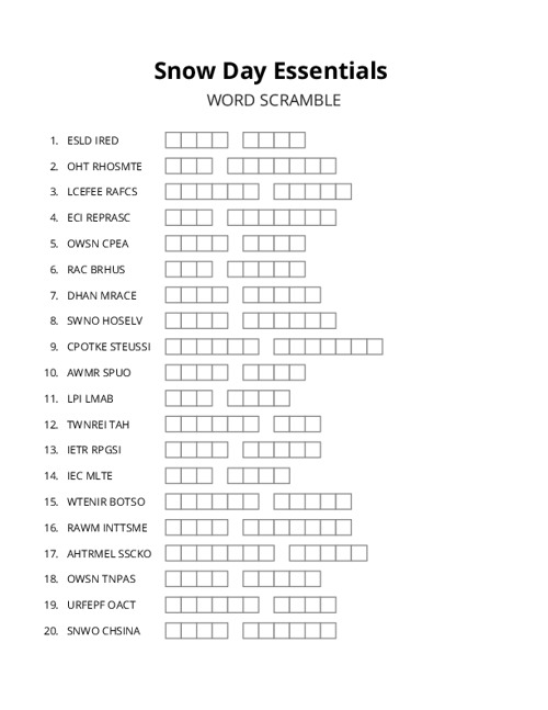 Snow Day Essentials Word Scramble Puzzle