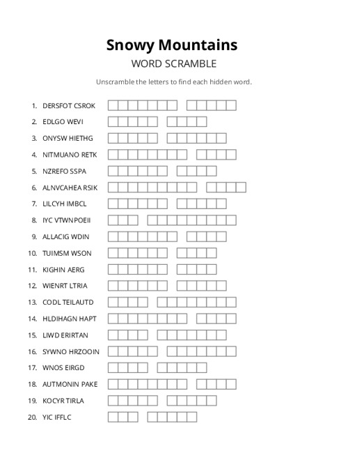 Snowy Mountains Word Scramble Puzzle