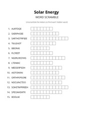 Solar Energy word scramble puzzle